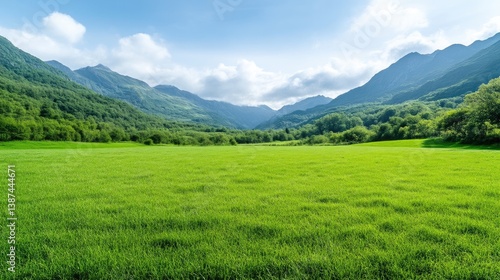 Lush green meadow stretches beneath towering mountains