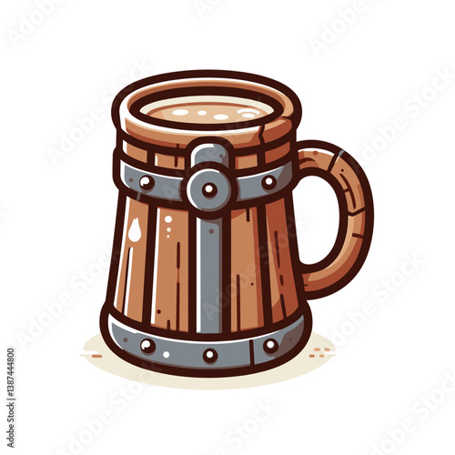 Vector illustration of wooden beer mug with metal bands in rustic style. Perfect for brewery branding or traditional pub decoration.