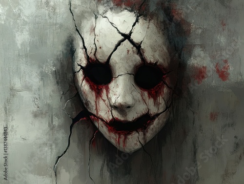 Disturbing portrait of a cracked porcelain mask with dark voids for eyes and smeared red streaks