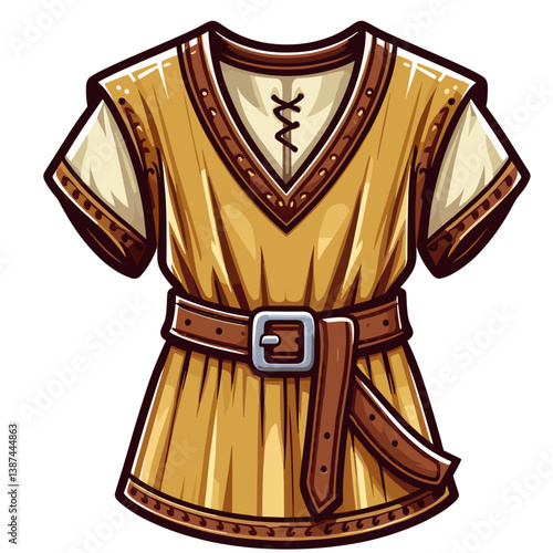 Vector illustration of medieval tunic with belt and v-neck in yellow fabric. Perfect for historical costume design or fantasy character outfits.