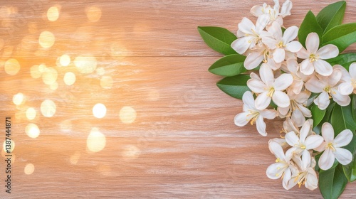 Flower wooden board weather. A serene arrangement of white flowers on a wooden surface, complemented by warm bokeh lights, creating a calming and elegant atmosphere.