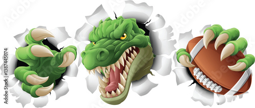 A crocodile, dinosaur or alligator lizard sports mascot holding an American football ball