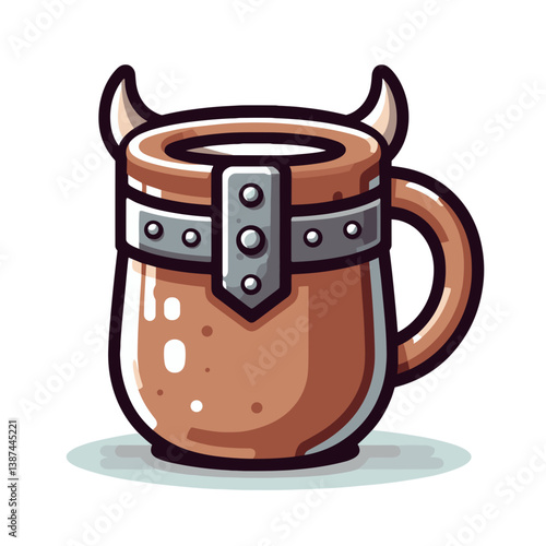 Vector medieval tankard with metal decorations and horns in brown leather style. Perfect for fantasy tavern concepts, historical beverages and role-playing game illustrations.