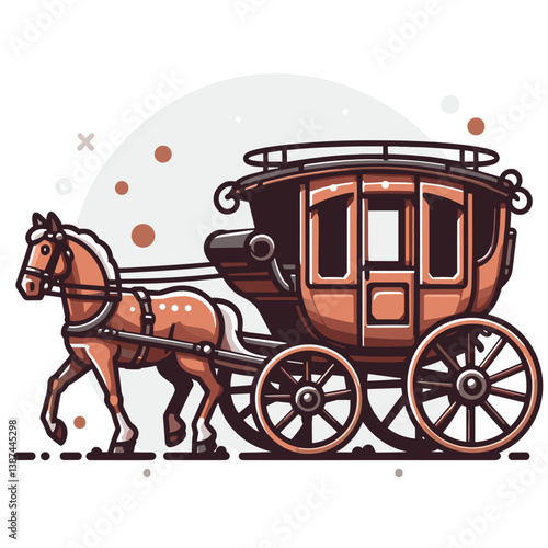 Vintage horse-drawn carriage or stagecoach in brown tones on light background. Ideal for historical transportation, western themes, and classical journey illustrations.