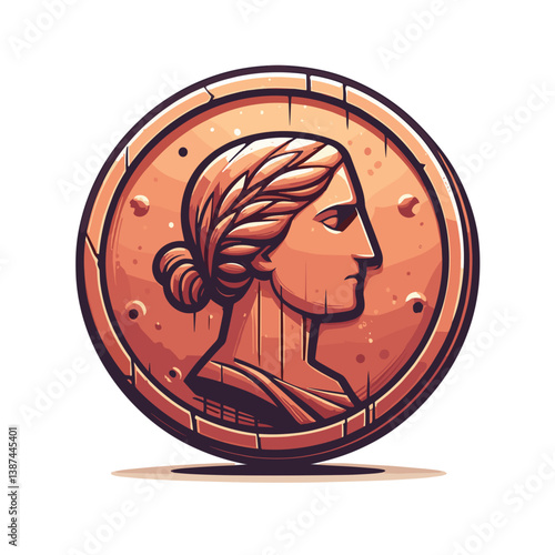 Ancient bronze or copper coin with female profile in vintage medallion style. Ideal for numismatic collections, historical artifacts, and archaeological treasure illustrations.