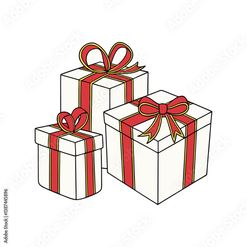 A collection of red and white gift wrapped presents with a red and gold ribbon bows isolated against a transparent background.