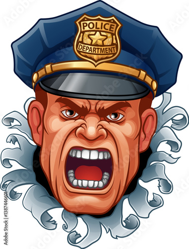A police man or policeman officer cop angry mascot cartoon man face or head breaking through the background.