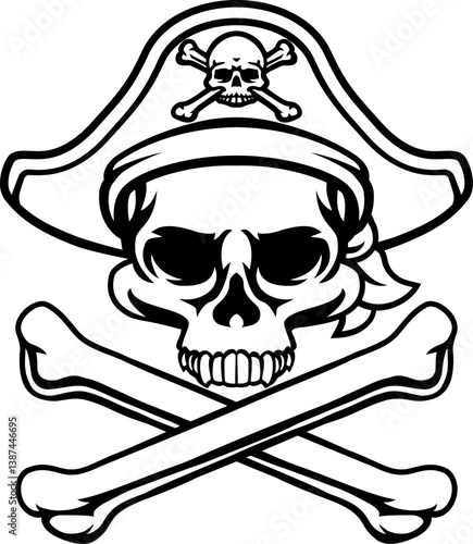 A pirate skull and crossbones jolly roger grim reaper cartoon wearing captain a hat and eye patch