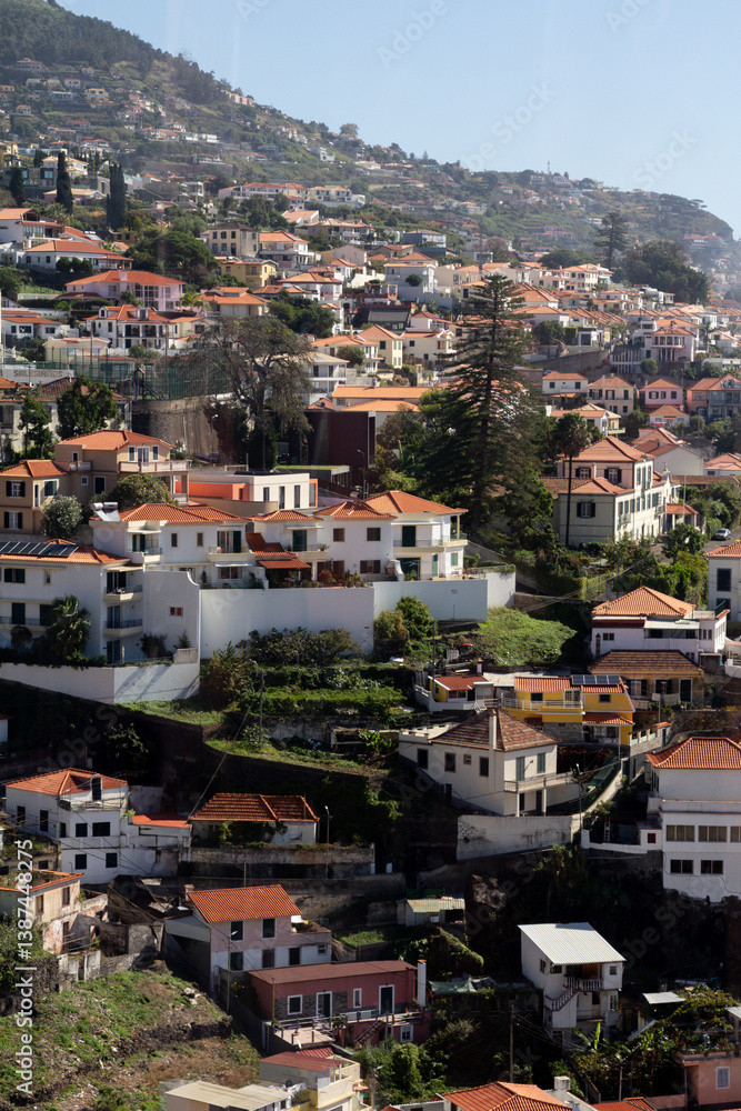 A stunning aerial view of Funchal, Madeira, showing the city nestled between the lush green mountains and the deep blue ocean. The picturesque coastline, terraced hills, and colorful buildings A stunning aerial view of Funchal, Madeira, showing the city nestled between the lush green mountains and the deep blue ocean. The picturesque coastline, terraced hills, and colorful buildings