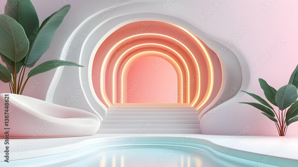 Naklejka premium Abstract Pastel Pink and White Interior with Neon Arch and Pool