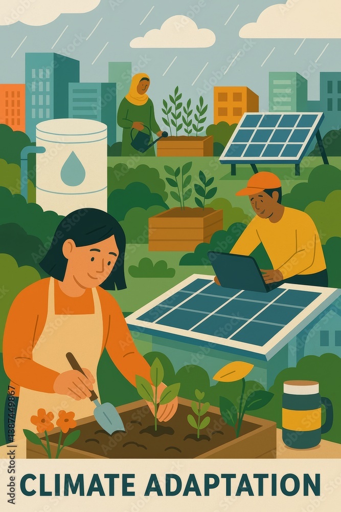 Illustration of climate adaptation with sustainable urban gardening