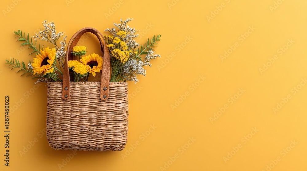 A delightful woven bag overflowing with fresh sunflowers and wildflowers, complemented by an elegant backdrop, capturing the essence of summer and perfect for styling or gifting.