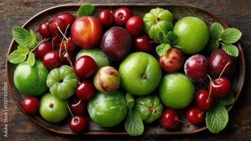 An eye-catching display of colorful seasonal fruits including cherries, plums, and greens, beautifully arranged in a rustic wooden bowl that enhances their natural beauty.