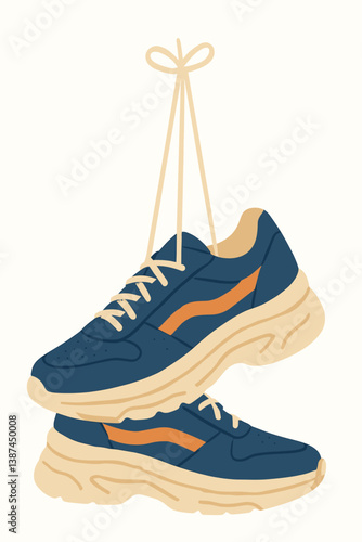 Blue Sneakers Hanging with Laces Against a Light Background  