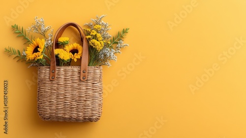 Obraz na płótnie A delightful woven bag overflowing with fresh sunflowers and wildflowers, complemented by an elegant backdrop, capturing the essence of summer and perfect for styling or gifting. w salonie