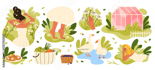 Cottagecore lifestyle set. Cozy rural life, barefoot walks, gardening, homemade food, soft feminine. Harmony with nature vibe. Slow living, relaxing countryside aesthetic. Isolated vector illustration