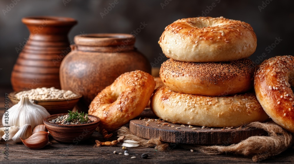 Explore a stack of artisanal bread showcasing unique toppings and textures, arranged beautifully with garlic and spices, inviting warmth and a sense of home and nourishment.