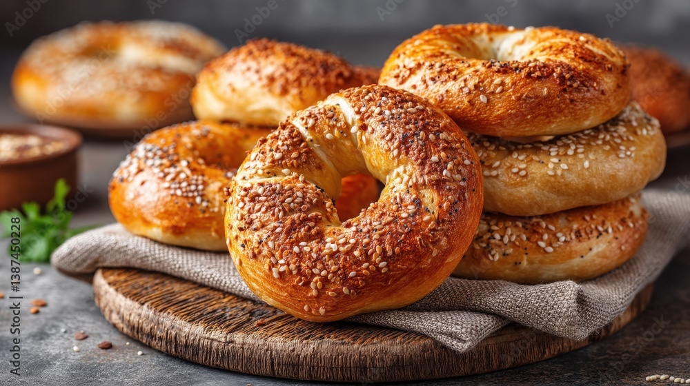 A stack of golden-brown bagels sprinkled with sesame seeds, presented on a rustic wooden board. Ideal for breakfast or brunch, embodying warmth and nourishment in every bite.
