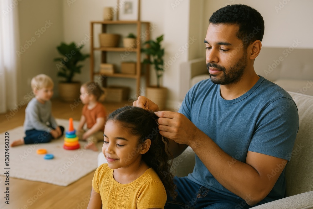 Father braiding daughter's hair while children play in cozy living room