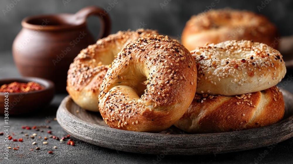 Beautifully arranged bagels topped with sesame and spices, exuding an inviting aroma. This composition highlights culinary artistry and the joy of sharing delicious meals together.