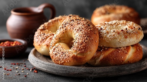 Obraz na płótnie Beautifully arranged bagels topped with sesame and spices, exuding an inviting aroma. This composition highlights culinary artistry and the joy of sharing delicious meals together. w salonie