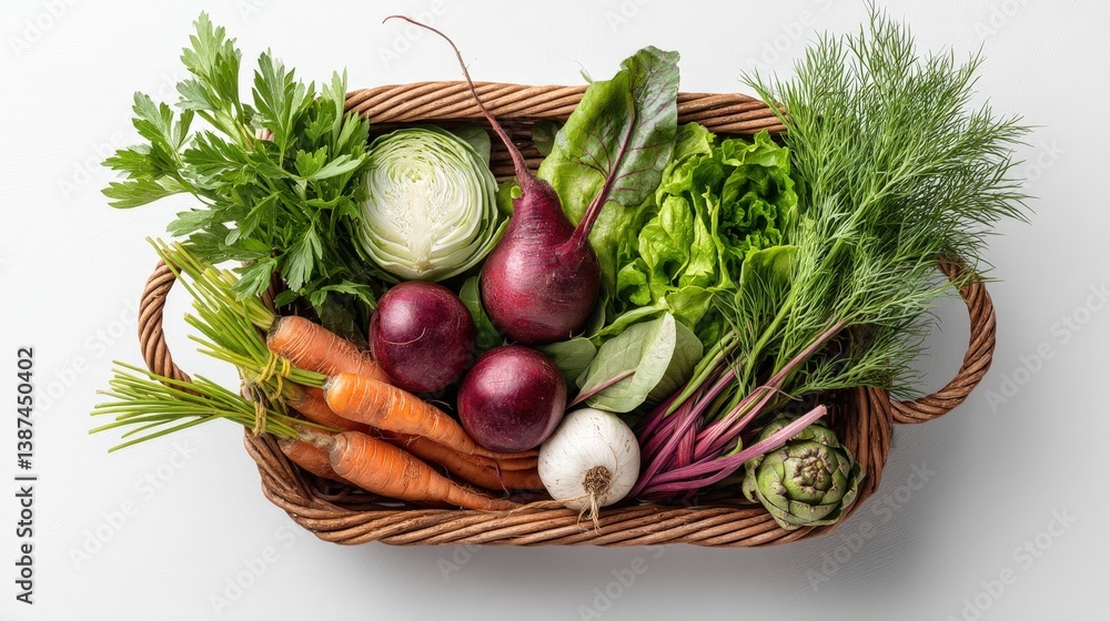 This image showcases a vibrant selection of fresh vegetables artfully arranged in a rustic wicker basket, highlighting their natural colors and textures, perfect for promoting healthy eating.
