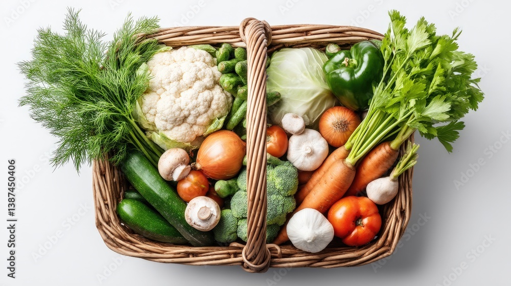 This image captures an overflowing basket filled with a diverse array of fresh vegetables, showcasing their vibrant colors and textures, ideal for healthy cooking inspiration.