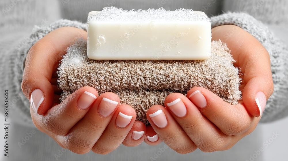 This image features a pair of hands gently cradling a bar of soap atop two soft natural towels, symbolizing cleanliness, relaxation, and self-care in everyday life.