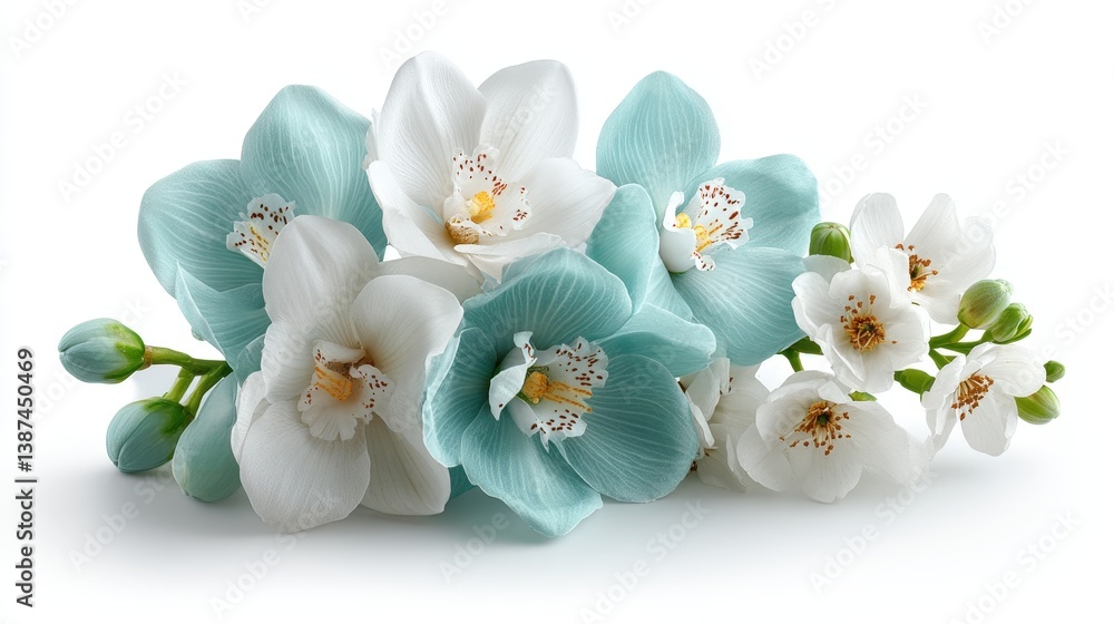A tranquil composition of blue and white orchids delicately arranged, showcasing the beauty of flowers and invoking feelings of peace and elegance in a floral setting.