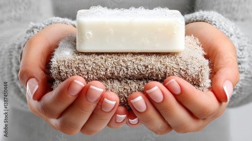 Obraz na płótnie This image features a pair of hands gently cradling a bar of soap atop two soft natural towels, symbolizing cleanliness, relaxation, and self-care in everyday life. w salonie