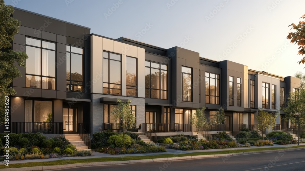 Fototapeta premium A row of stylish modern townhouses featuring neutral tones, geometric architecture, and contemporary landscaping.