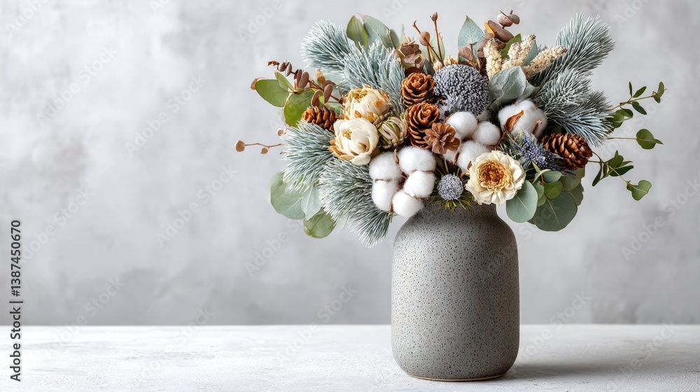 This image features an autumn floral bouquet with pinecones, cotton, and greenery arranged in a speckled gray vase, perfect for seasonal decor or gifts.