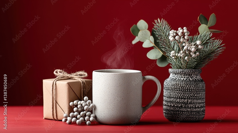 This image depicts a cozy coffee mug and holiday gift box alongside a frosted floral arrangement, creating a warm and inviting atmosphere for the festive season.