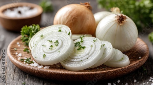 Obraz na płótnie A beautiful arrangement of onion slices surrounded by fresh herbs on a rustic wooden platter, emphasizing the vibrant colors and textures in culinary arts and cooking. w salonie