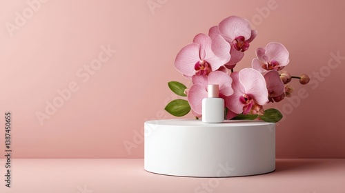Obraz na płótnie An elegant arrangement featuring striking orchids and modern design elements harmonize beautifully, creating a sophisticated feel with captivating and delicate floral charm. w salonie