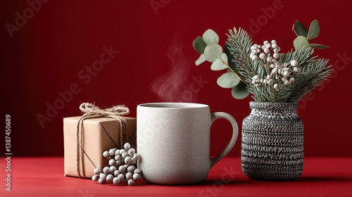 Obraz na płótnie This image depicts a cozy coffee mug and holiday gift box alongside a frosted floral arrangement, creating a warm and inviting atmosphere for the festive season. w salonie