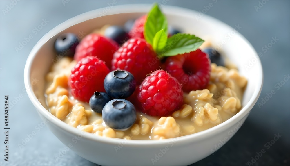 Close-up studio shot of a white bowl filled with oatmeal, raspberries, blueberries, and mint leaves
