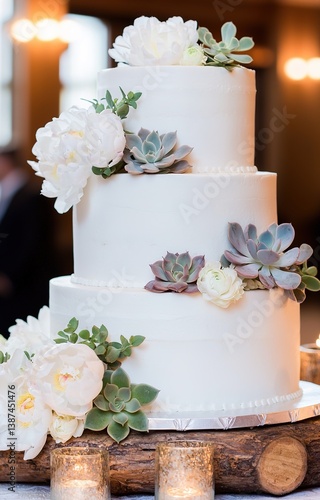 Elegant white Two Tier wedding cake with flowers and succulents on the wooden log 