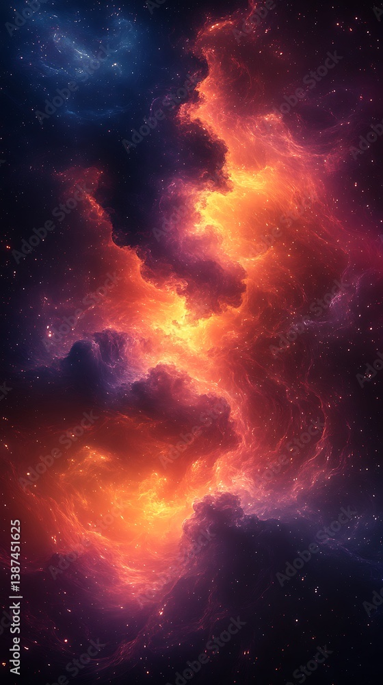 Fototapeta premium Vibrant Cosmic Nebula Mobile Wallpaper Swirling Orange & Purple Clouds on Dark Starry Background | Vertical HD Design