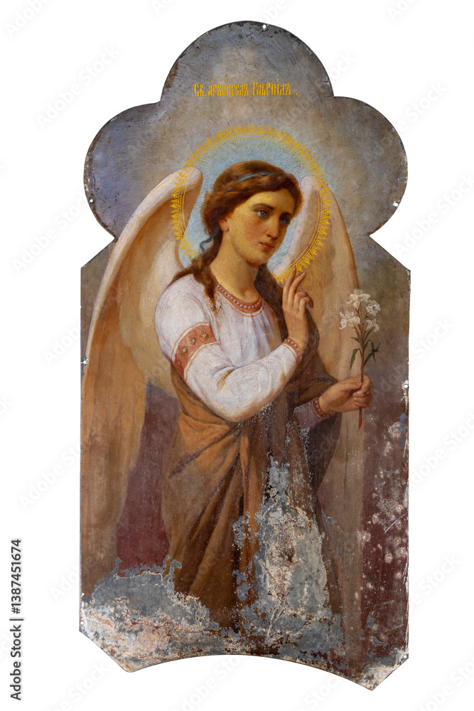Antique Archangel Gabriel icon with traces of corrosion isolated on a white background