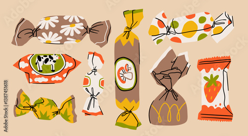Various Candy, sweets set. Different wrappers, colors, shapes. Fruit, chocolate, caramel, lollipop, gummies. Hand drawn Vector illustration. Sugar confectionery concept. Isolated design elements