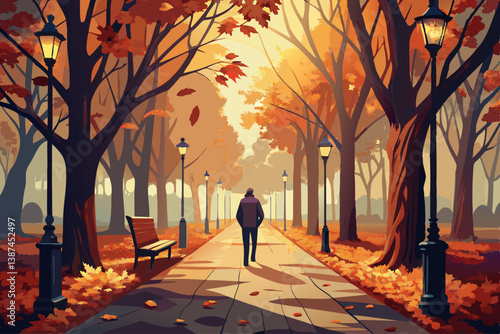 vector of A foggy autumn scene depicts a park alley with an unidentified passerby, the thick fog enhances the gloomy and mysterious mood of autumn.