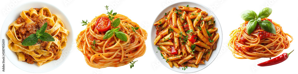 Four pasta variations with tomato sauce. Four pasta variations with tomato sauce.