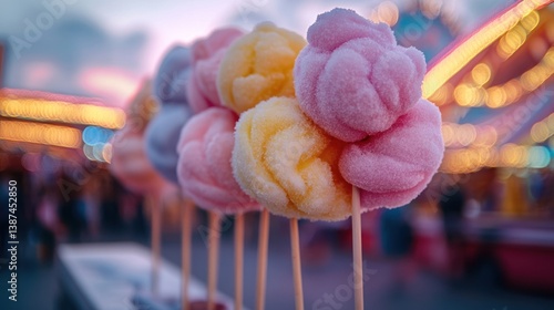 Colorful cotton candy at a fairground at twilight