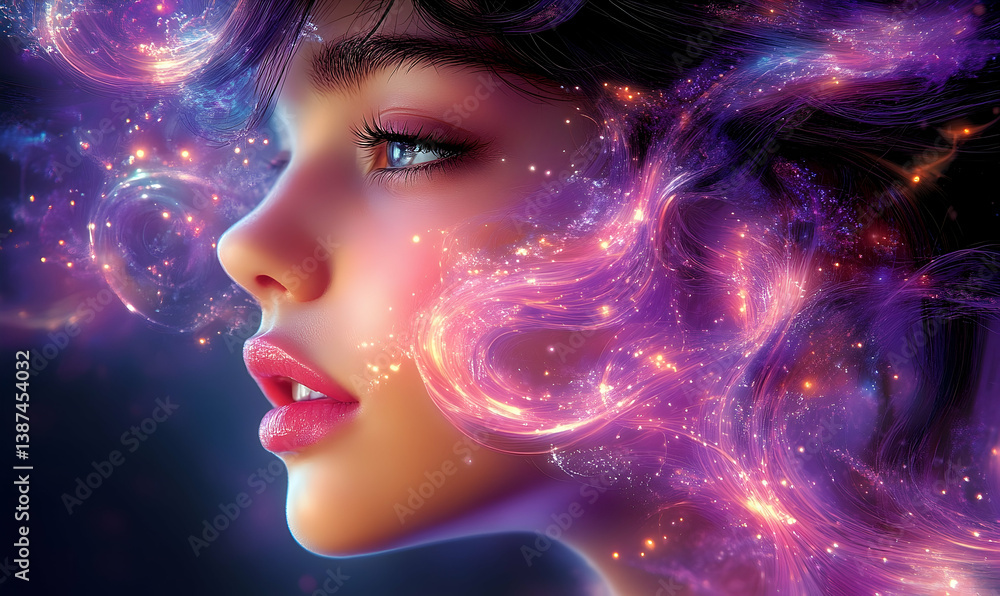 Digital art portrait profile glowing woman Digital art portrait profile glowing woman
