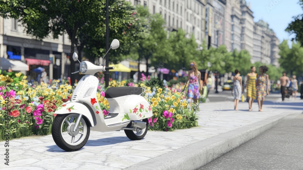 White scooter with floral design parked on city sidewalk. People walking on the street White scooter with floral design parked on city sidewalk. People walking on the street
