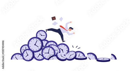 Businessman Falling Through Pile of Clocks on White Background  
