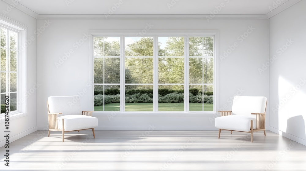 Fototapeta premium Minimalist white living room interior featuring two elegant armchairs next to a large window overlooking a sunny green garden.