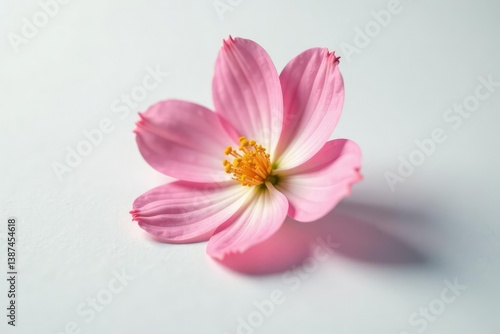 Delicate petals of a single flower unfold on a crisp white surface, petals, simplicity