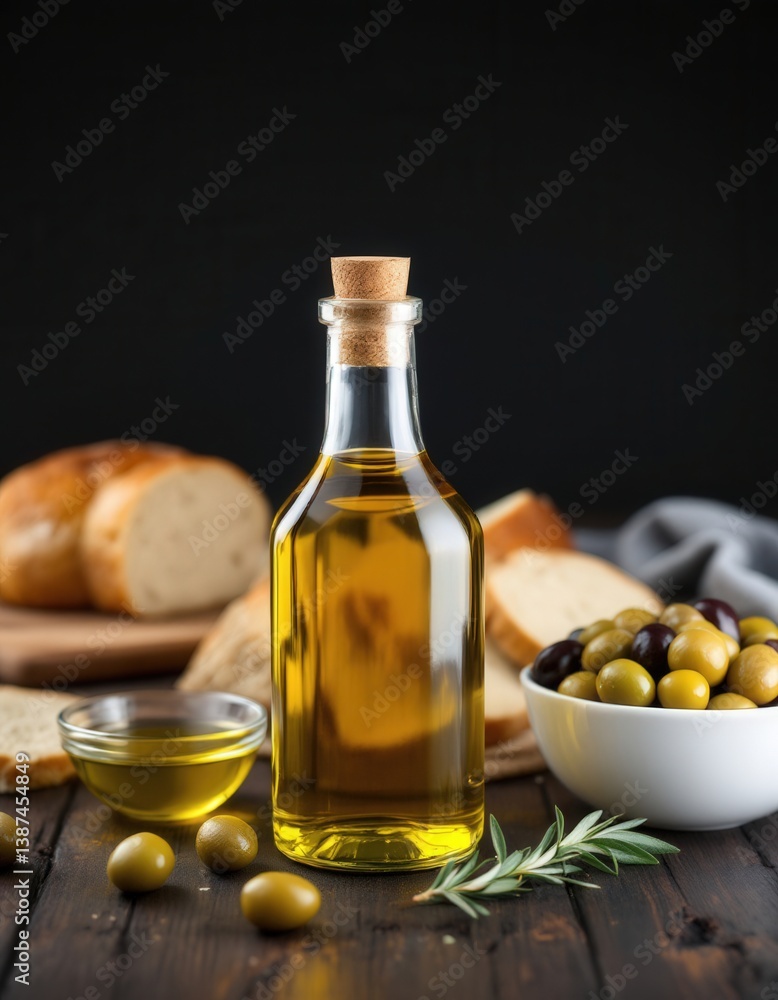 Rustic Mediterranean still life with olive oil bottle, mixed olives, and bread on wooden board against dark background - authentic cuisine scene Rustic Mediterranean still life with olive oil bottle, mixed olives, and bread on wooden board against dark background - authentic cuisine scene